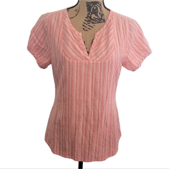 Small Columbia v-neck short sleeve bib bouse, pink and peach stripes - Picture 1 of 4